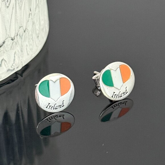 Jewelry - Ireland Heart Flag Earrings S925 Sterling Silver Handmade Ear Stud